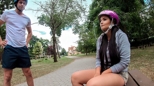 It was a warm day. I had no business to do and was just sitting in a park enjoying the birds' chirping. Soon, a couple of roller skaters appeared. Guy was doing great but his girlfriend sucked. I watched them and it warmed up my interest that a girl had a really nice butt and each movement of hers made my dick twitch. Girl asked for a drink but the guy didn't have any money at all, even to buy her water. I couldn't miss my chance, so I offered to buy them water and to start a conversation... 