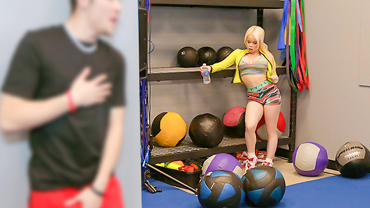 Nikki Delano loves getting into her eighties gear to work out. The colorful, tight fitting get ups always make her feel a little hotter. And since she is already a smoking hot blonde bombshell of a MILF, she has everybodys attention. That is why our stud offers her a complimentary massage. Yes, he made the offer up, but who can blame him. Anything to get a chance at this sexy cougar! Nikki loves the way he works her bubbly ass so much, she lets him peel her tights off and slide his cock into her juicy pussy. Then, she twerks and gyrates her hips while working the tip of his dick, showing that all that core training is paying off. Now, that is how to give a massage.